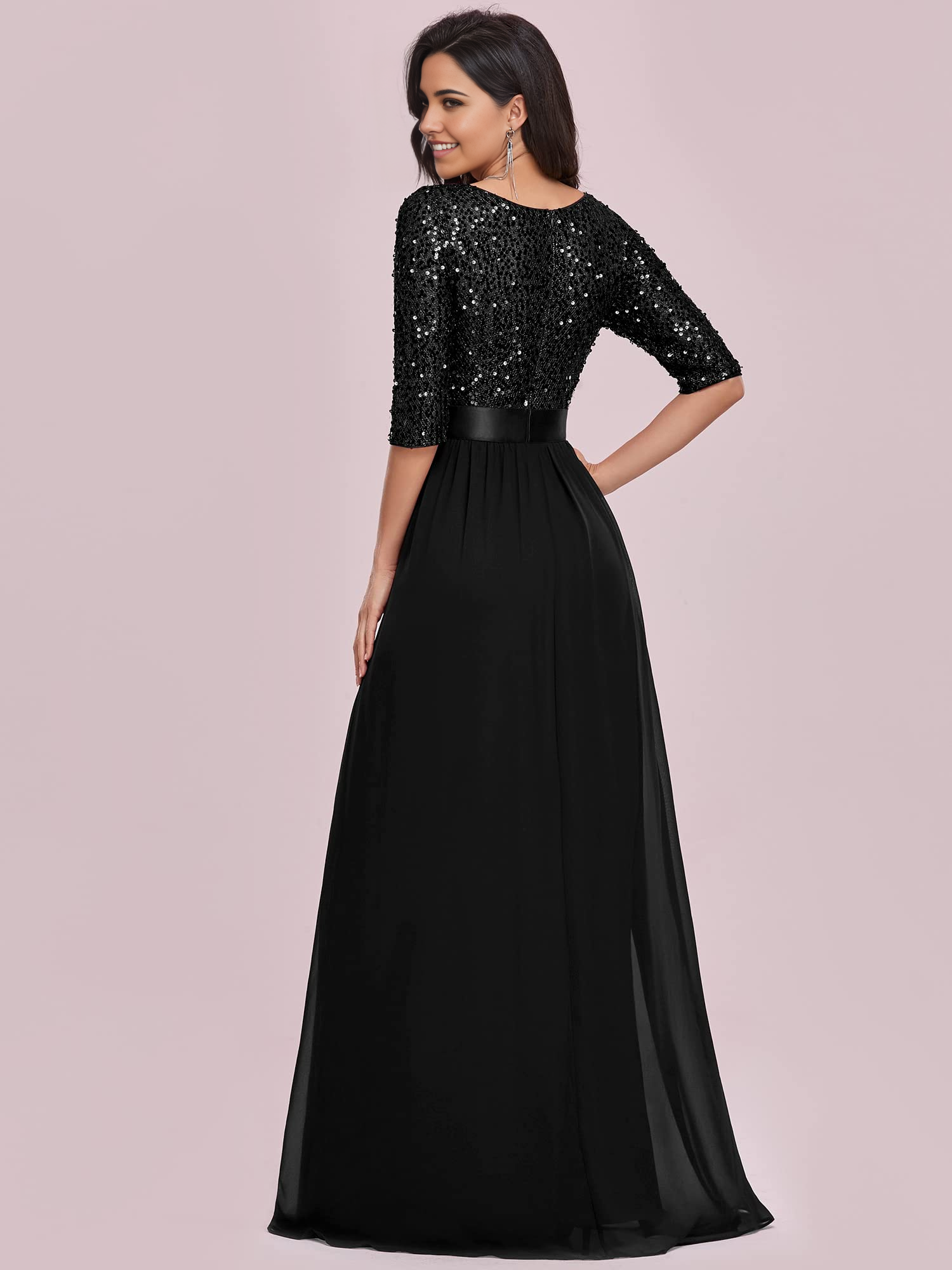 Vestido de noche elegante de corte A con cuello redondo y media manga con lentejuelas, vestido formal para fiesta de graduación